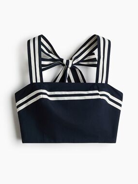 H&M Navy Blue Striped Bow-Back Halter Neck Crop Top SMALL